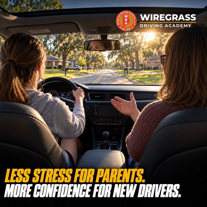 Client creative: a parent and a teen driver seen from the back seat with the headline Less stress for parents, more confidence for new drivers