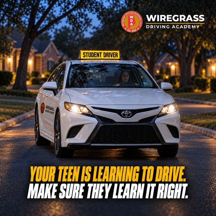 Client creative: a white student driver car at dusk with the headline Your teen is learning to drive, make sure they learn it right